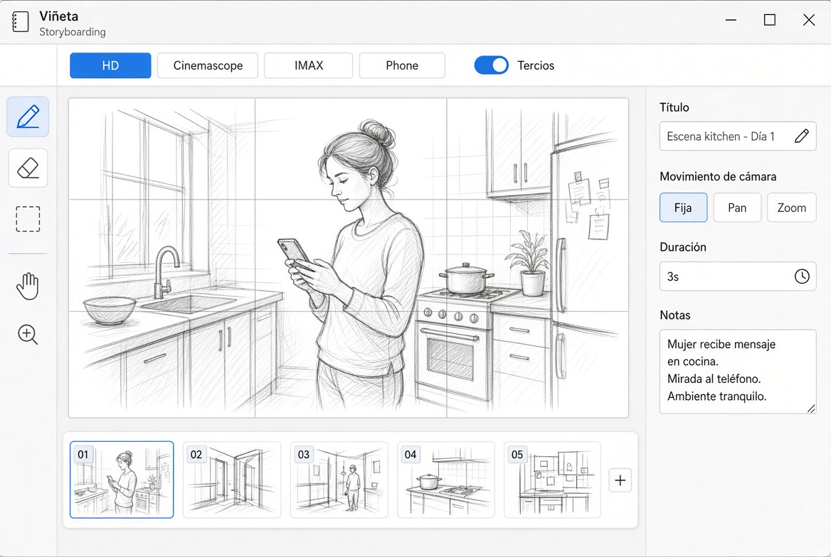 Viñeta Maker editor showing a storyboard sequence